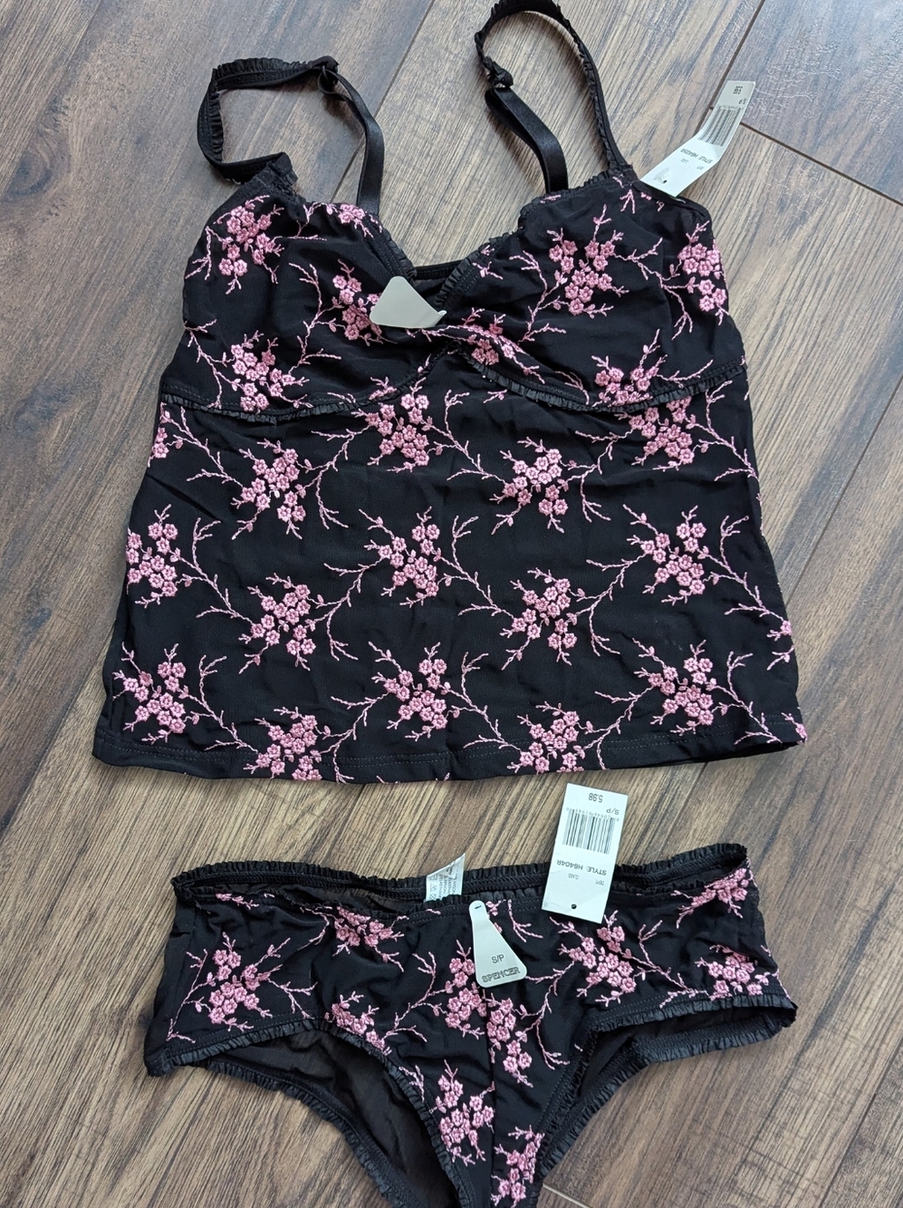 Spencer's Black Cami & Briefs with Pink Floral Embroidery